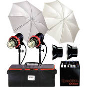 1205CX 2 CC Head Air Travel Kit   Includes: 1205CX   1200 W S Power Pack, 2 202VF Color Corrected Flash Heads, Umbrellas, Sync Cord, Stands, 3 Section Air Case