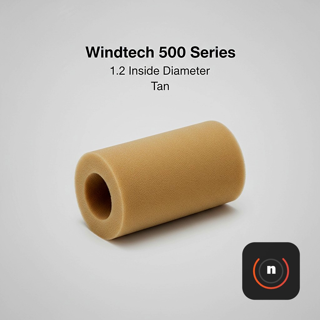 Tan cylindrical foam windscreen, Windtech 500 series with 1.2 inch inside diameter.