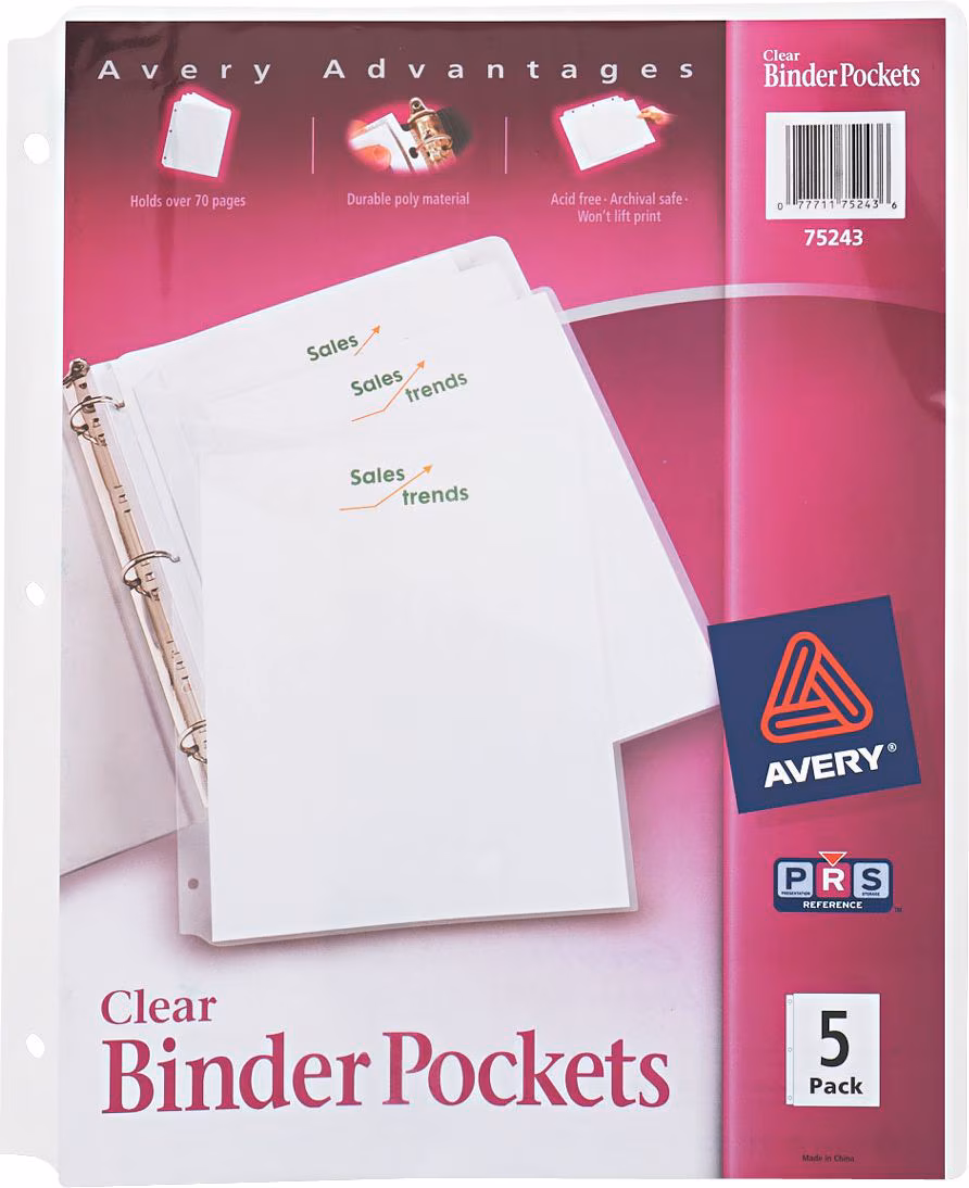 BINDER POCKETS 5PK CLEAR