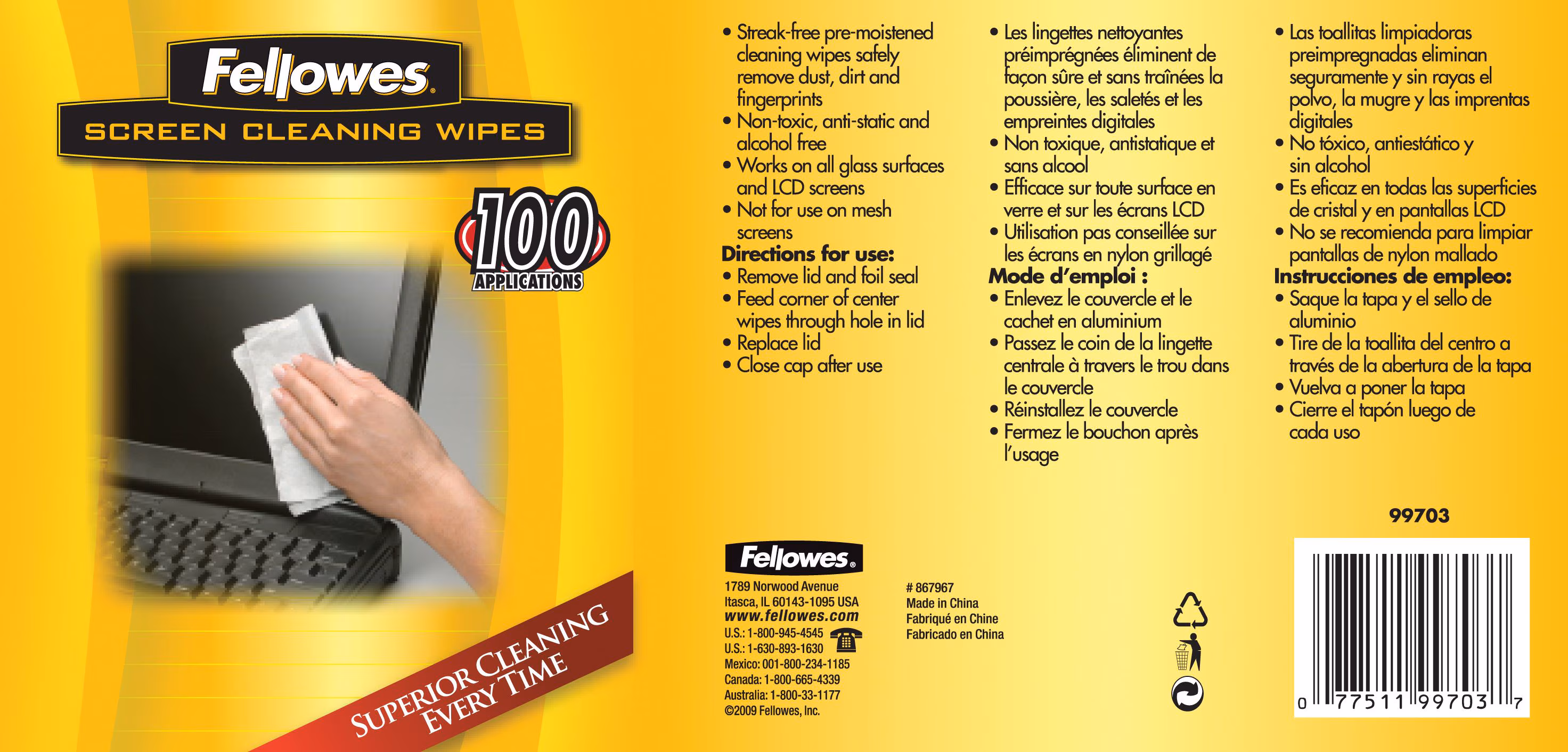 WIPES SCREEN CLNR 100/TUB