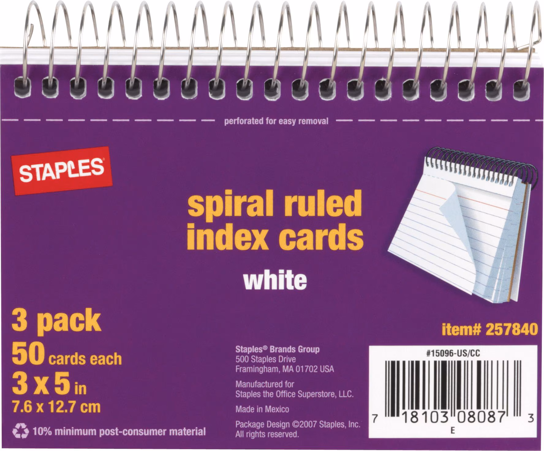 3PK INDX CD 3X5 WHT RULED WIRE