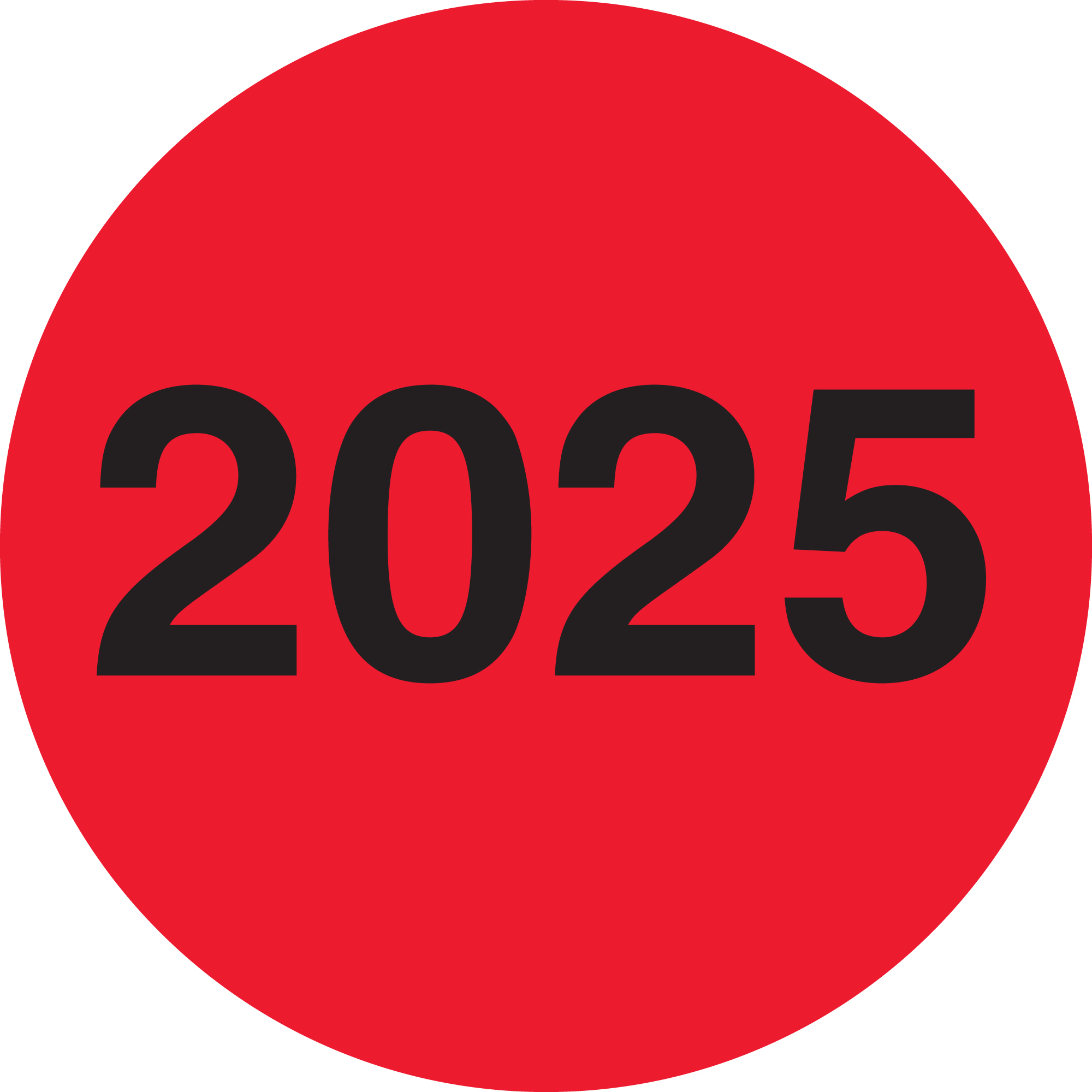2" Circle - "2025" (Fluorescent Red) Year Labels 1 ROLL