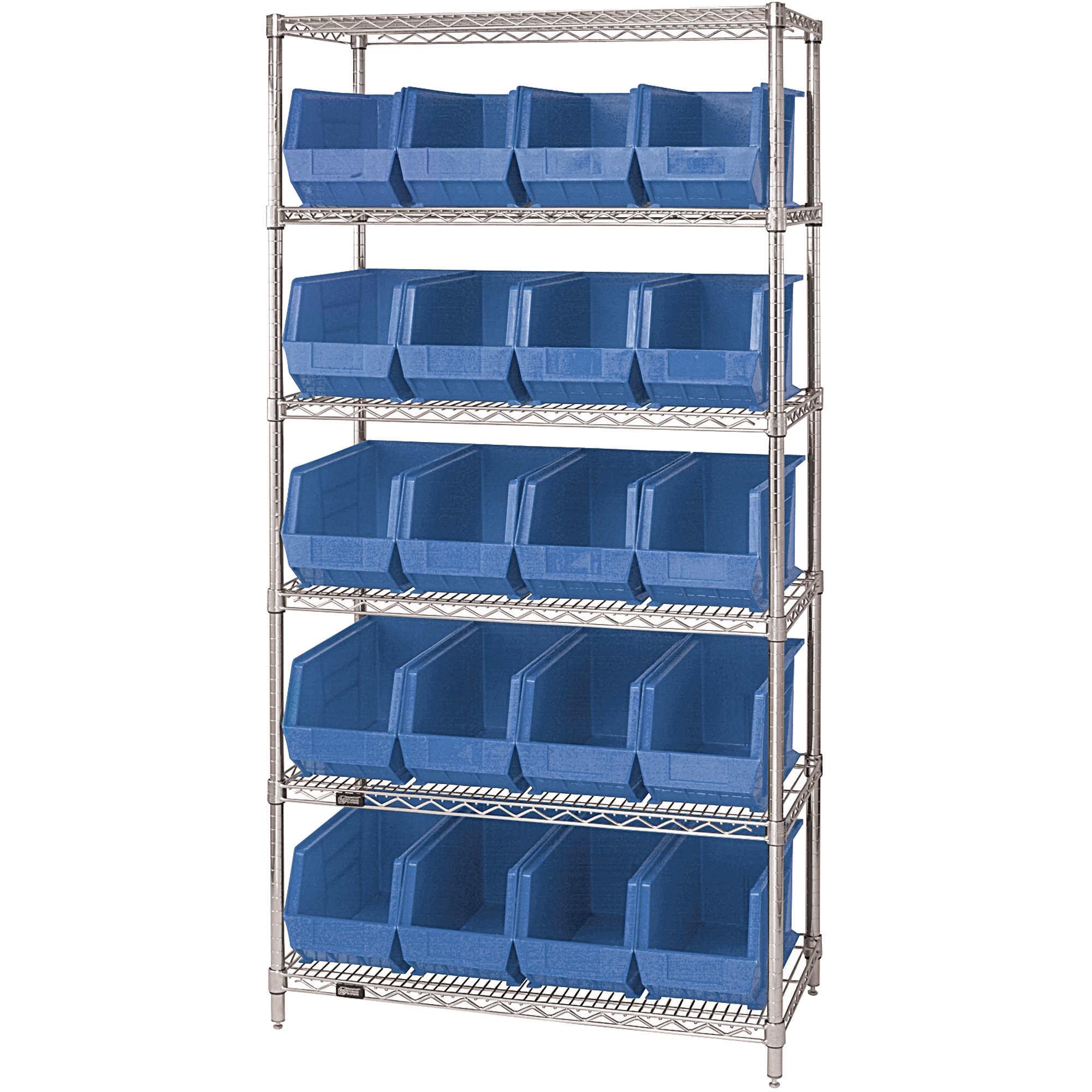 Wire Shelving Unit with (20) Bins, 6 Shelf, 36" x 18" x 74", Blue, 1/Each