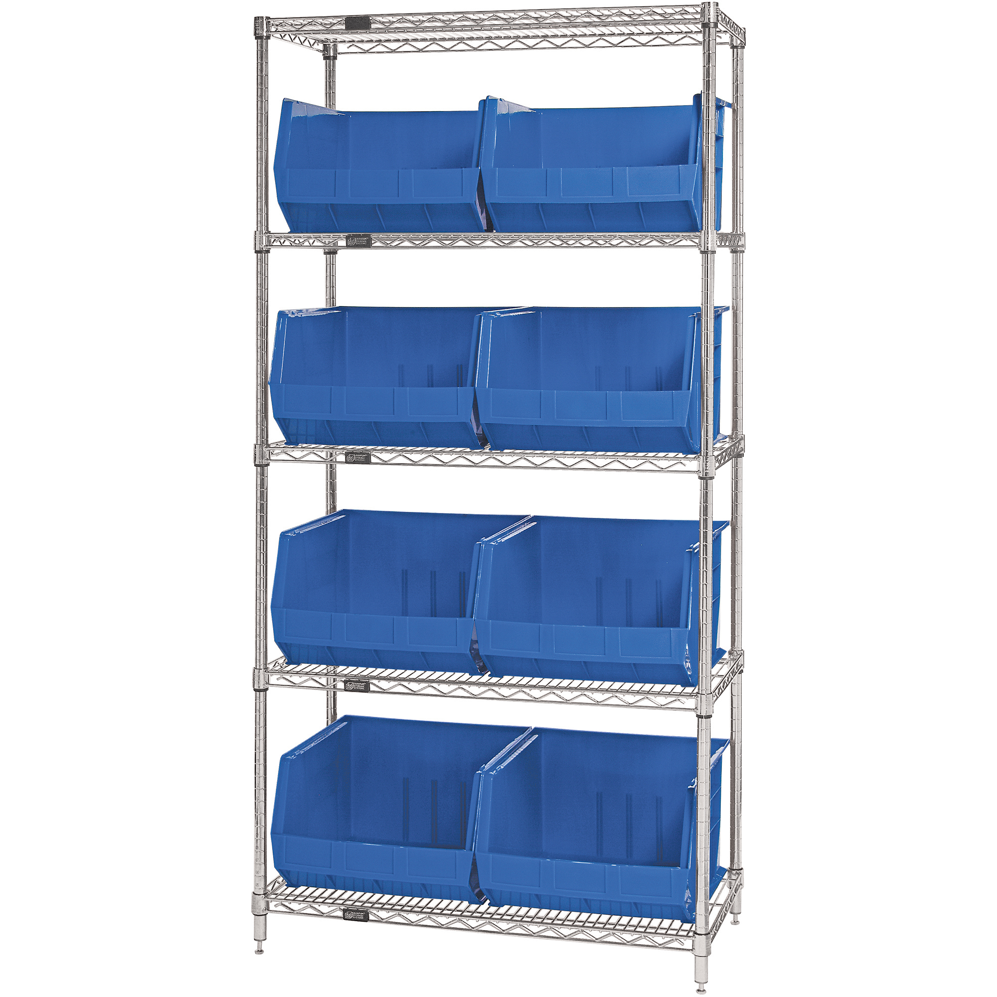 Wire Shelving Unit with (8) Bins, 5 Shelf, 36" x 18" x 74", Blue, 1/Each