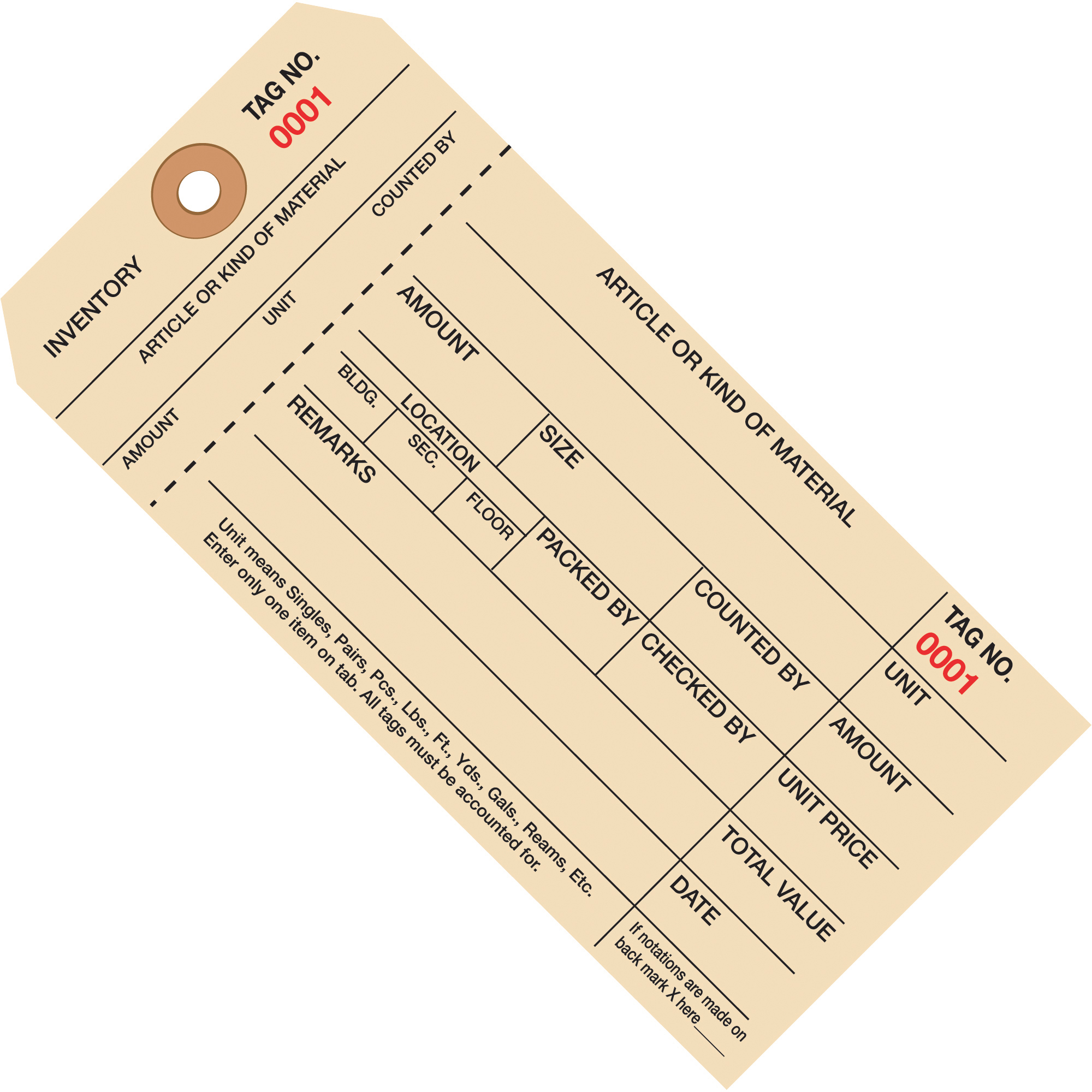 Inventory Tags, 1 Part Stub Style #8, (000-0999), 6 1/4" x 3 1/8", Manila, 1000/Case