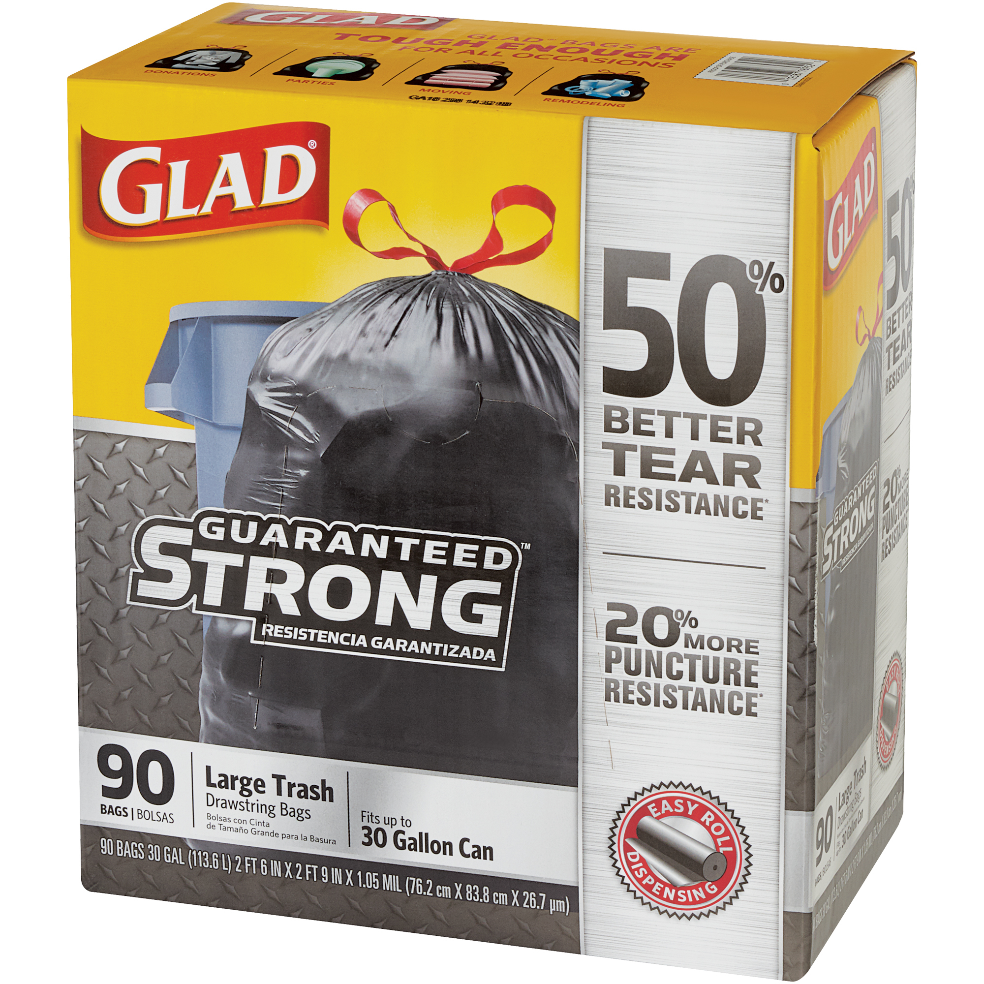 Glad® Drawstring Trash Bags, 30 Gallon, 30" x 32", Black, 90/Case