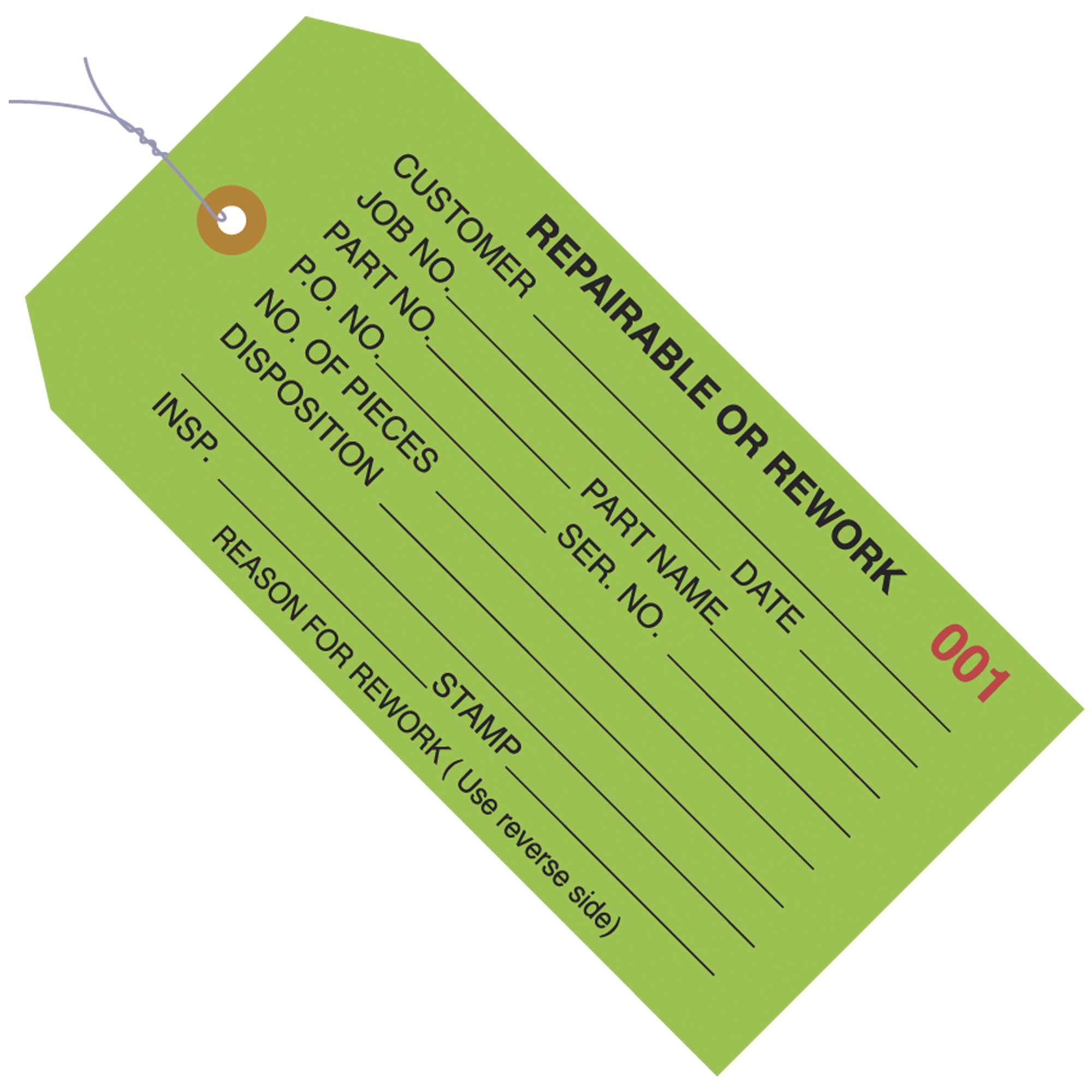 Inspection Tags, Pre-Wired, "Repairable or Rework", 4 3/4" x 2 3/8", Green, 1000/Case