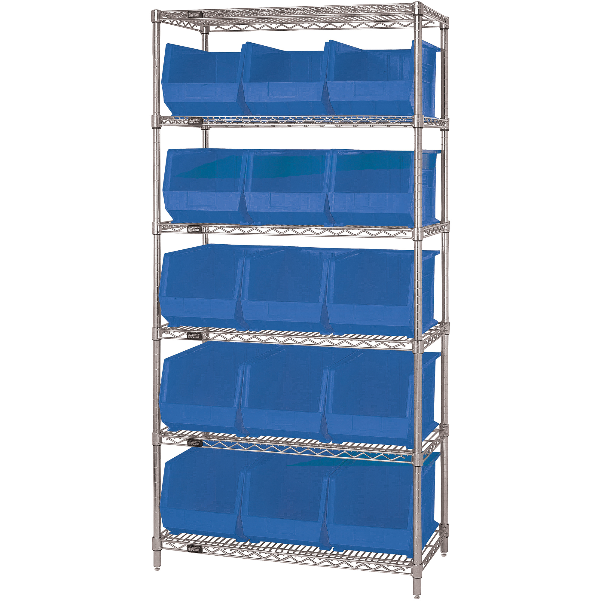 Wire Shelving Unit with (15) Bins, 6 Shelf, 36" x 18" x 74", Blue, 1/Each