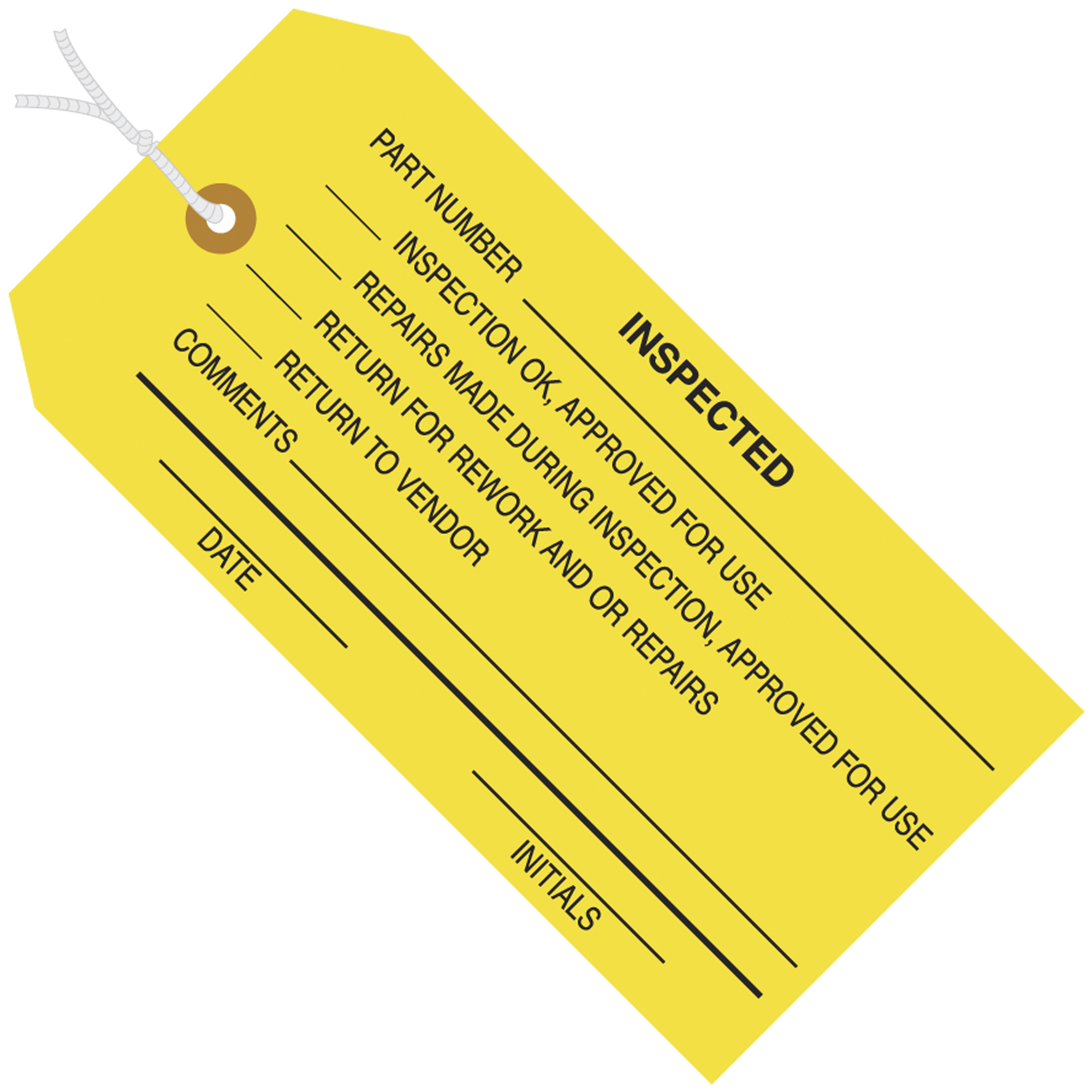 Inspection Tags, Pre-Strung, "Inspected", 4 3/4" x 2 3/8", Yellow, 1000/Case