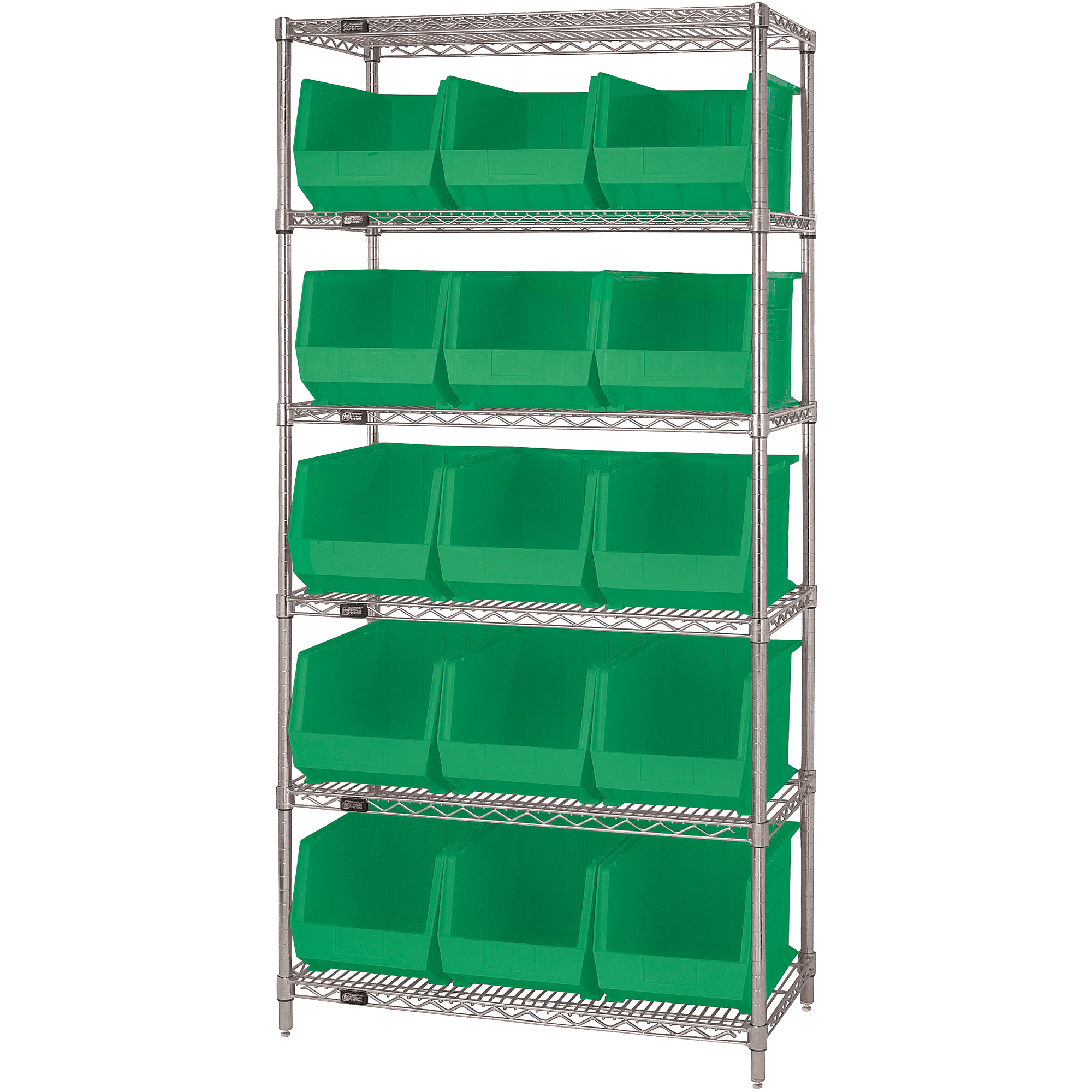 Wire Shelving Unit with (15) Bins, 6 Shelf, 36" x 18" x 74", Green, 1/Each