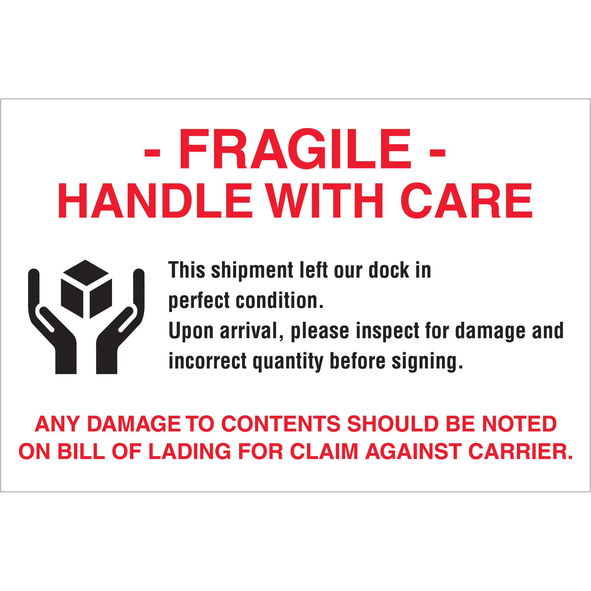 Tape Logic® Labels, "Fragile - Handle With Care", 4" x 6", Red/White/Black, 500/Roll