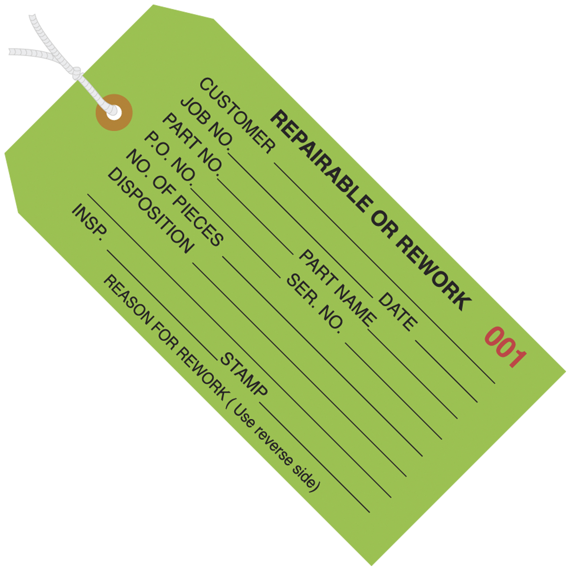 Inspection Tags, Pre-Strung, "Repairable or Rework", 4 3/4" x 2 3/8", Green, 1000/Case