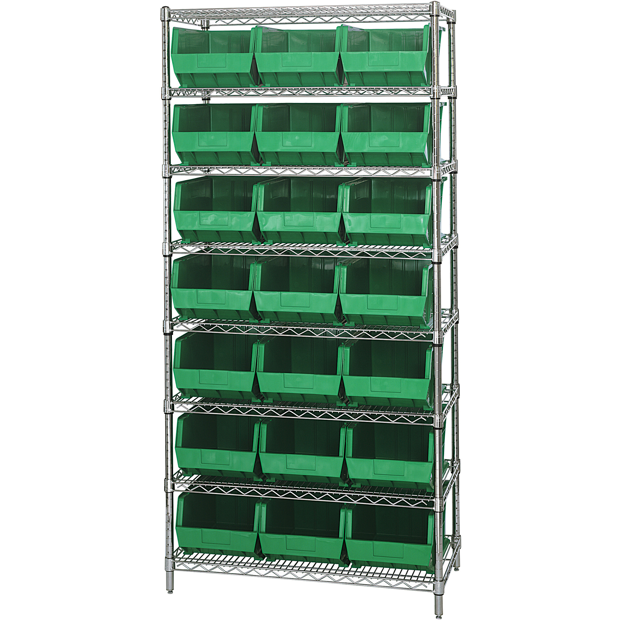 Wire Shelving Unit with (21) Bins, 8 Shelf, 36" x 18" x 74", Green, 1/Each