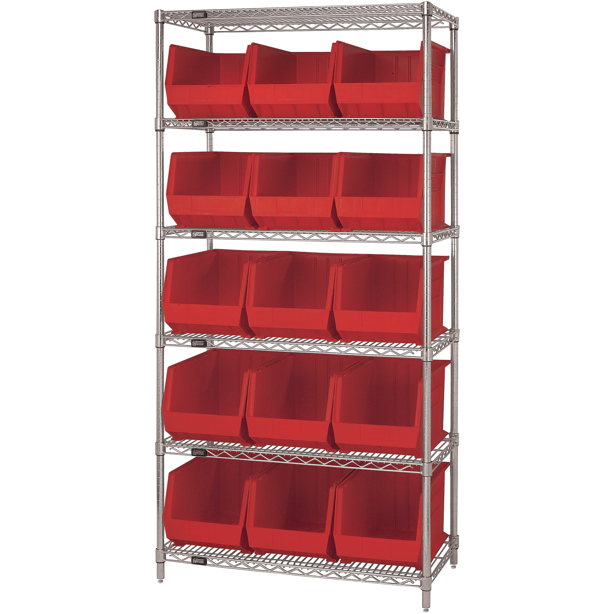 Wire Shelving Unit with (15) Bins, 6 Shelf, 36" x 18" x 74", Red, 1/Each