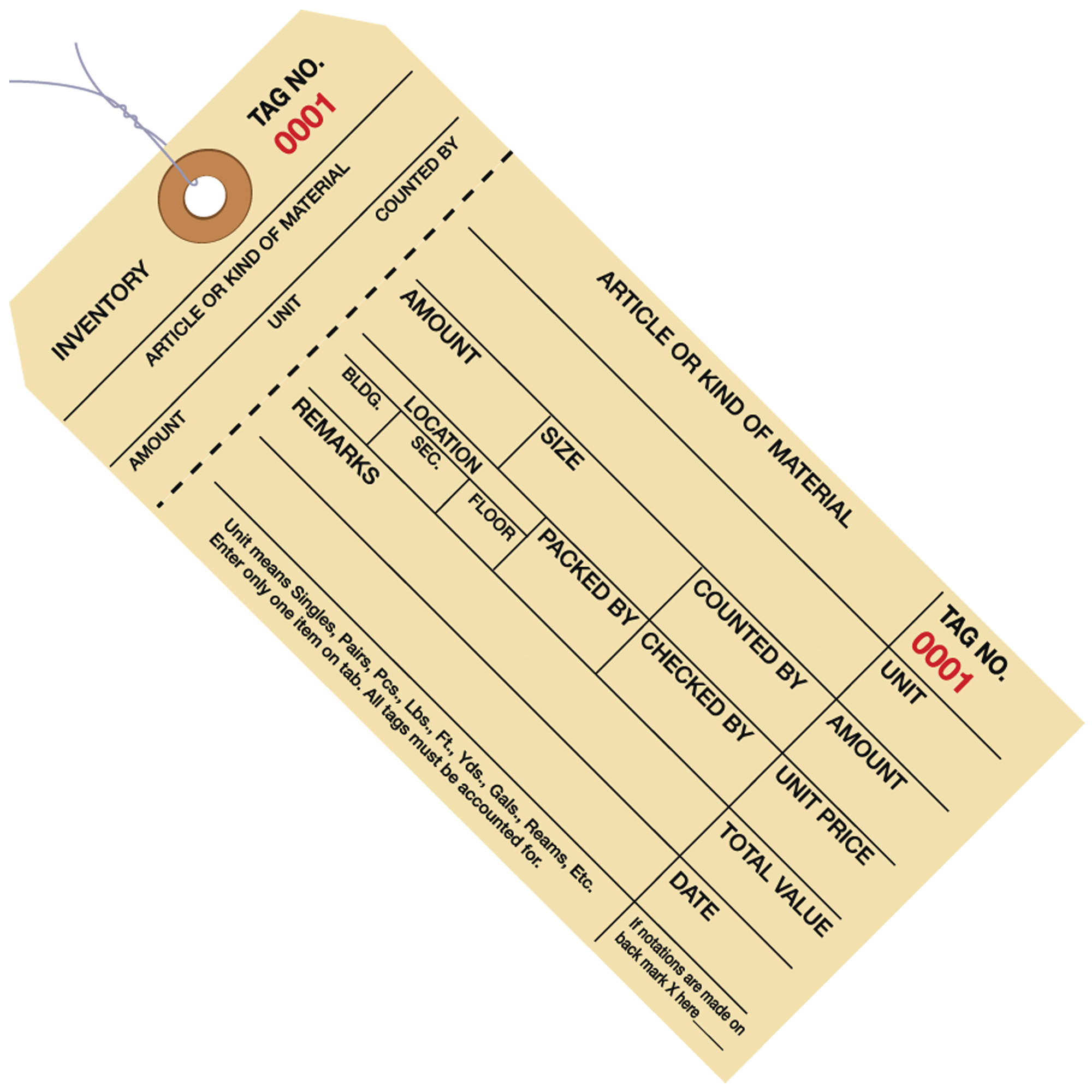 Inventory Tags, 1 Part Stub Style #8, Pre-Wired, (5000-5999), 6 1/4" x 3 1/8", Manila, 1000/Case