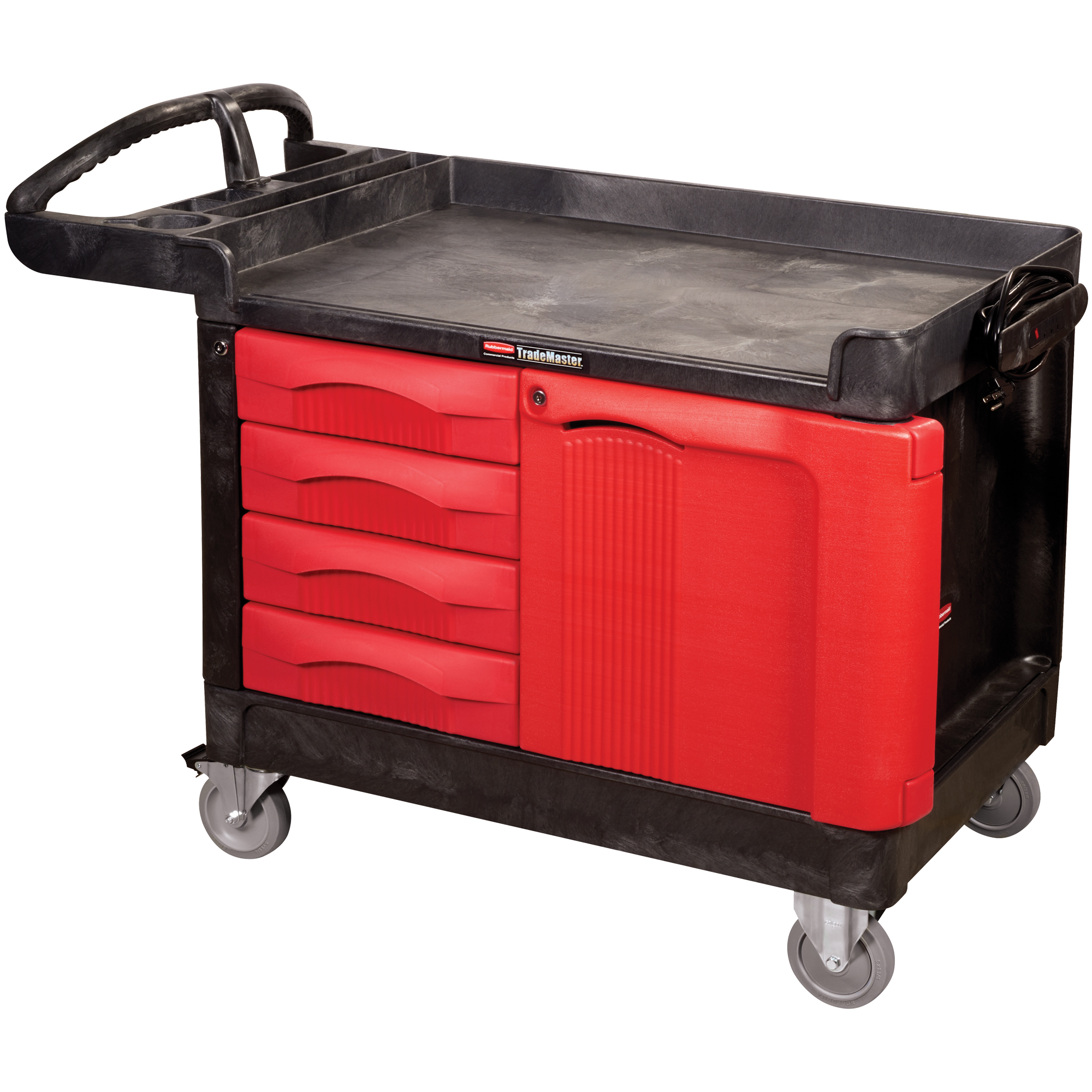 Rubbermaid® Trademaster® Cart with Cabinet, 50" x 27" x 39", Black/Red, 1/Each