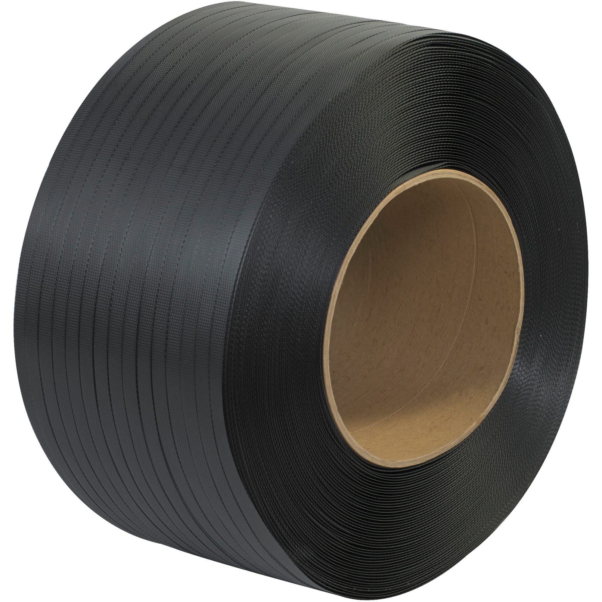 Polypropylene Strapping, Machine Grade, Embossed, 8" x 8" Core, 1/2" x 9000', Black, 1/Coil