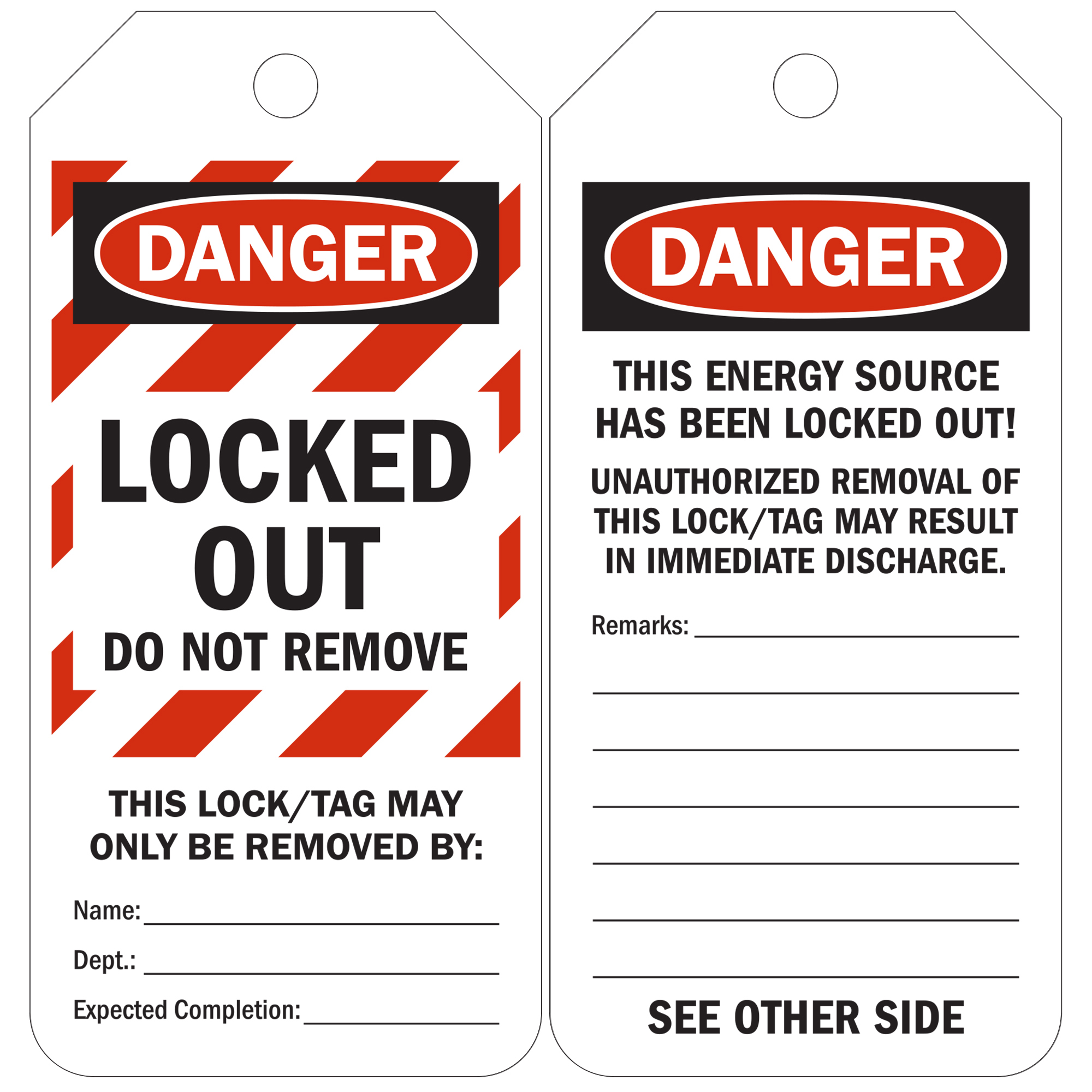 6.25" x 3" Lock-Out Tag-Out Safety Tags - "Equipment Locked Out", Dispenser Box, Plain 100 PER CASE