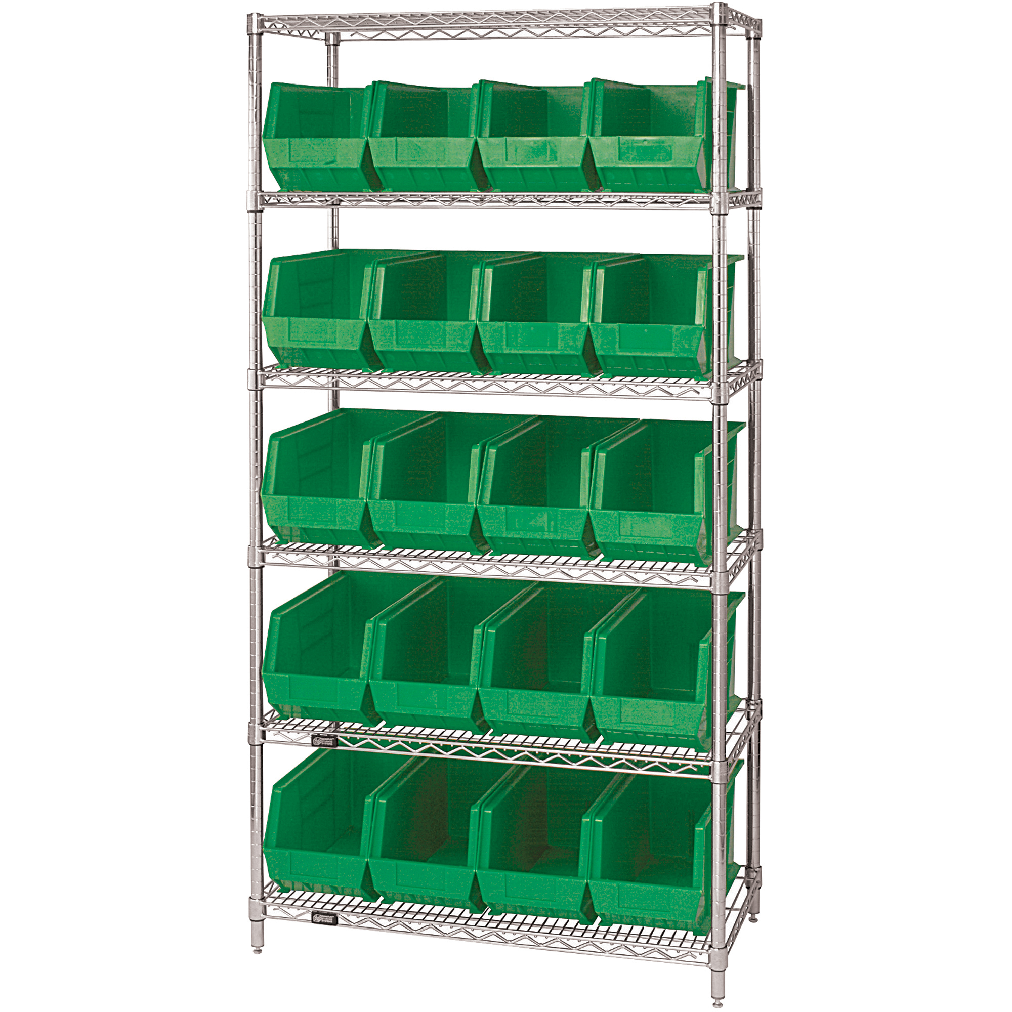 Wire Shelving Unit with (20) Bins, 6 Shelf, 36" x 18" x 74", Green, 1/Each