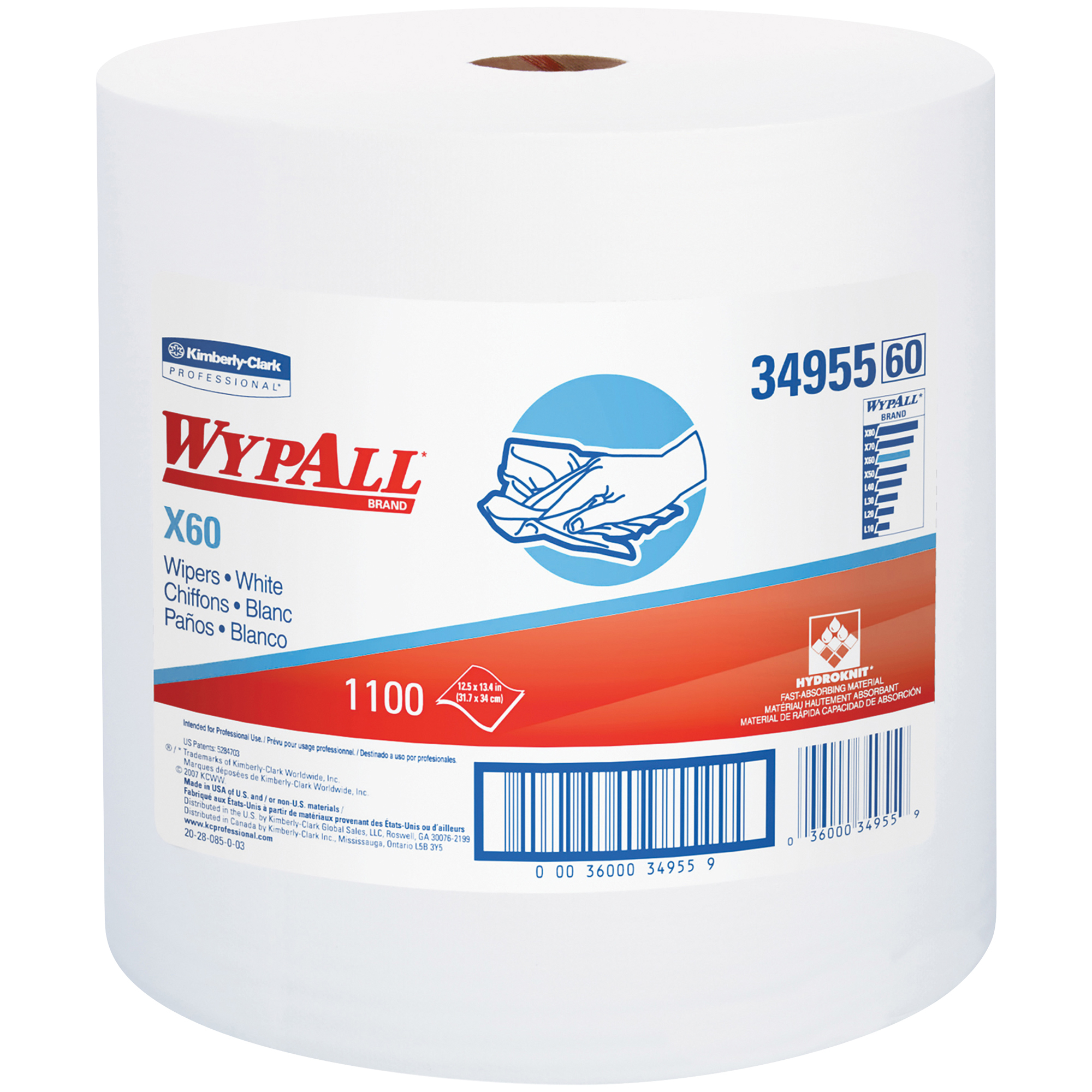 Kimberly Clark® WypALL® X60 Industrial Jumbo Roll Wipers, 12.5" x 13.4", White, 1100/Case
