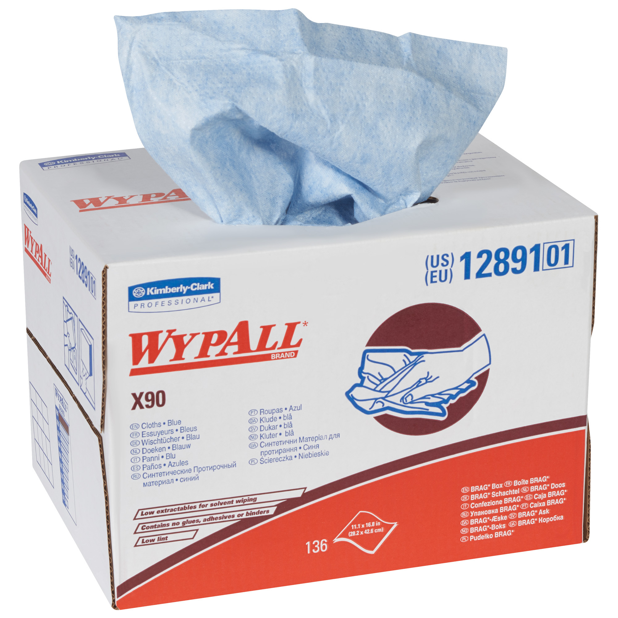 Kimberly Clark® WypALL® X90 Heavy-Duty Wipers Dispenser Box, 11.1" x 16.8", Blue, 136/Case