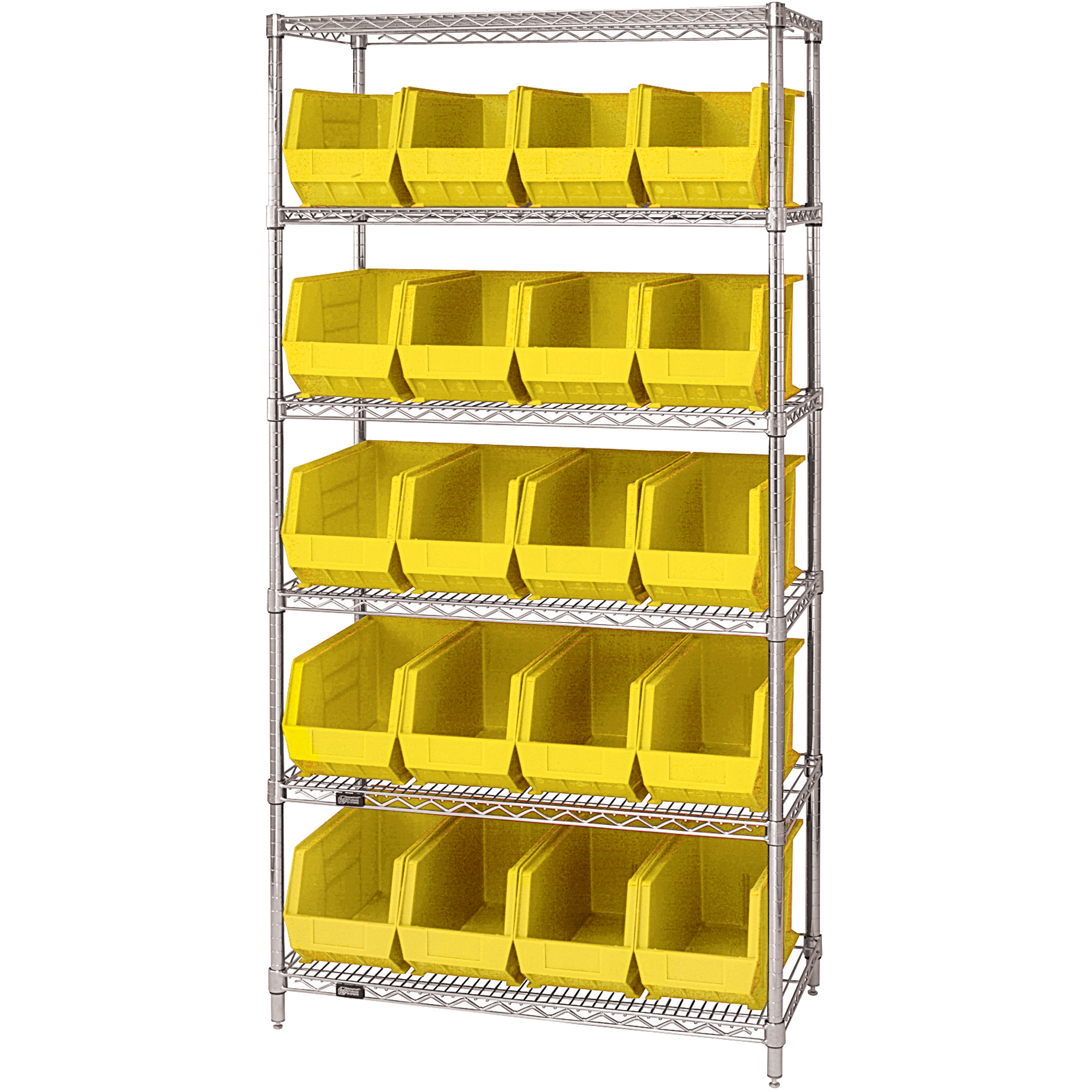 Wire Shelving Unit with (20) Bins, 6 Shelf, 36" x 18" x 74", Yellow, 1/Each