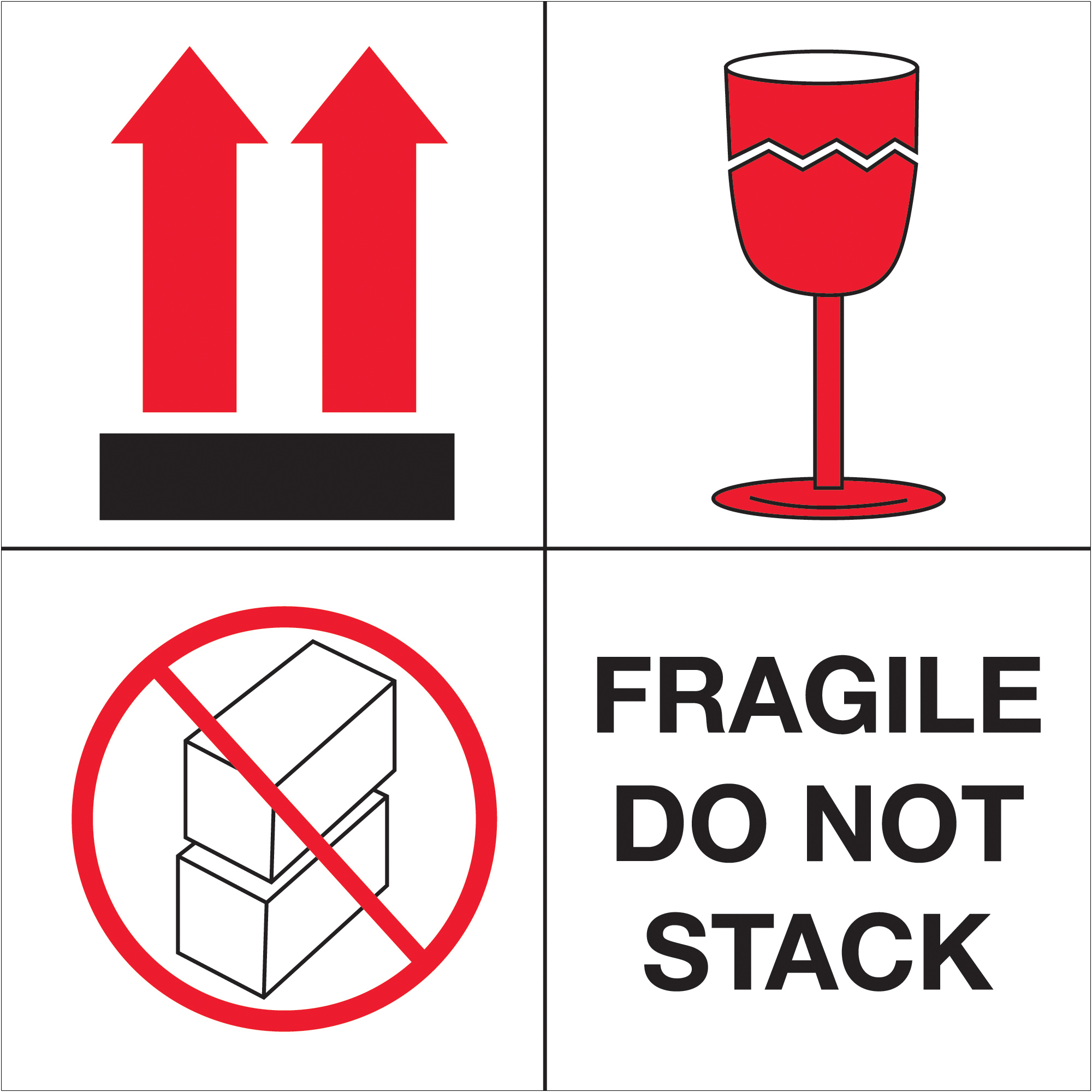 Tape Logic® Labels, "Fragile - Do Not Stack", 4" x 4", Red/White/Black, 500/Roll