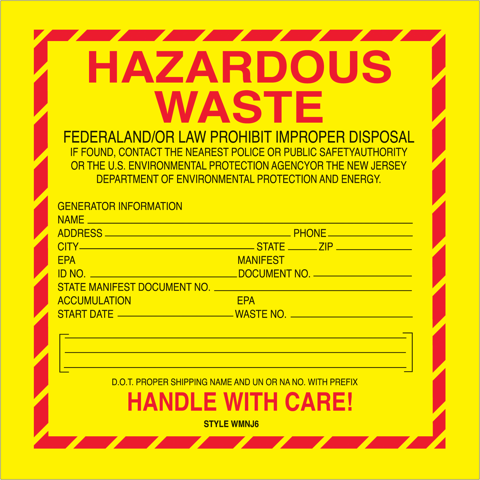 Tape Logic® Labels, "Hazardous Waste - New Jersey", 6" x 6", Red/Yellow/Black, 500/Roll