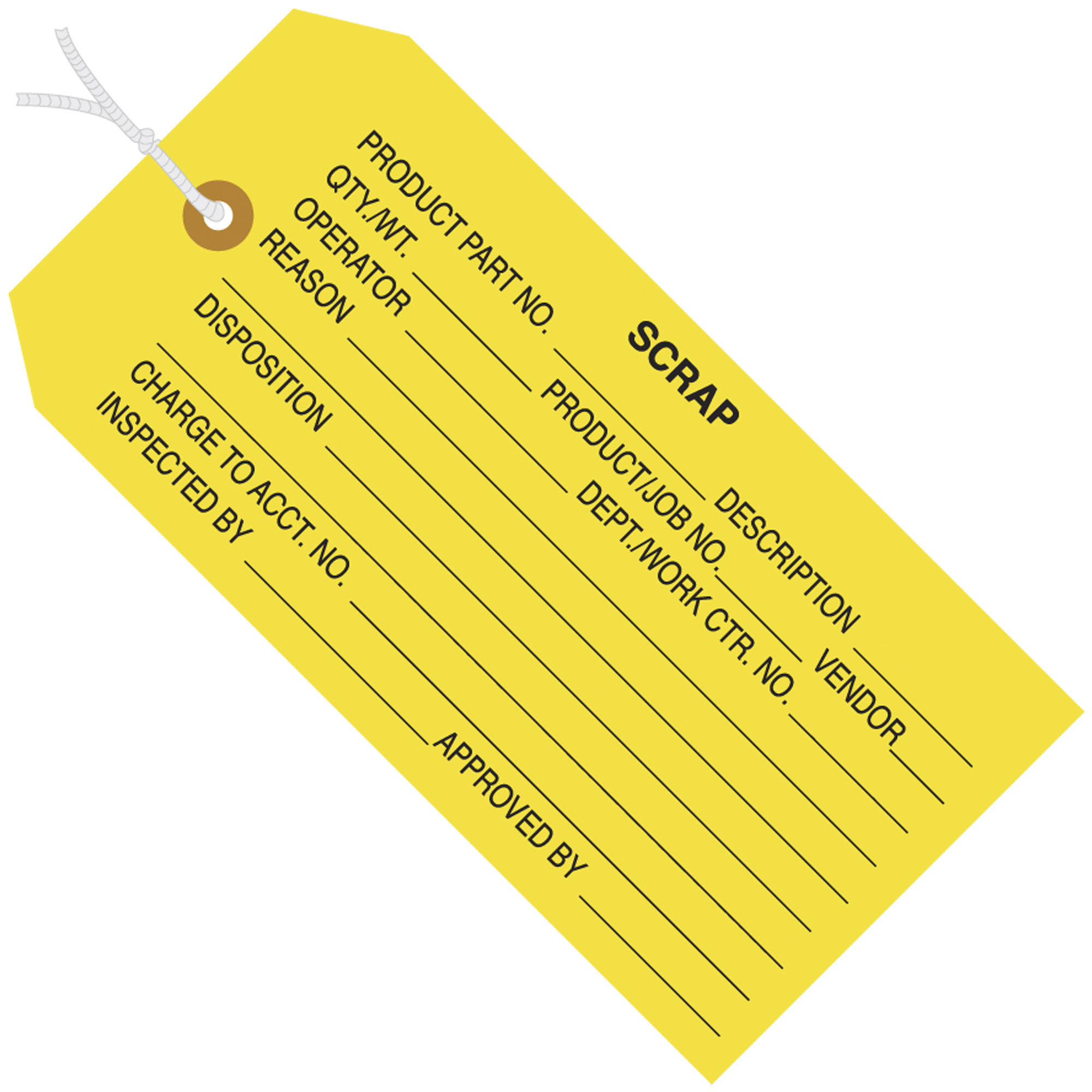 Inspection Tags, Pre-Strung, "Scrap", 4 3/4" x 2 3/8", Yellow, 1000/Case