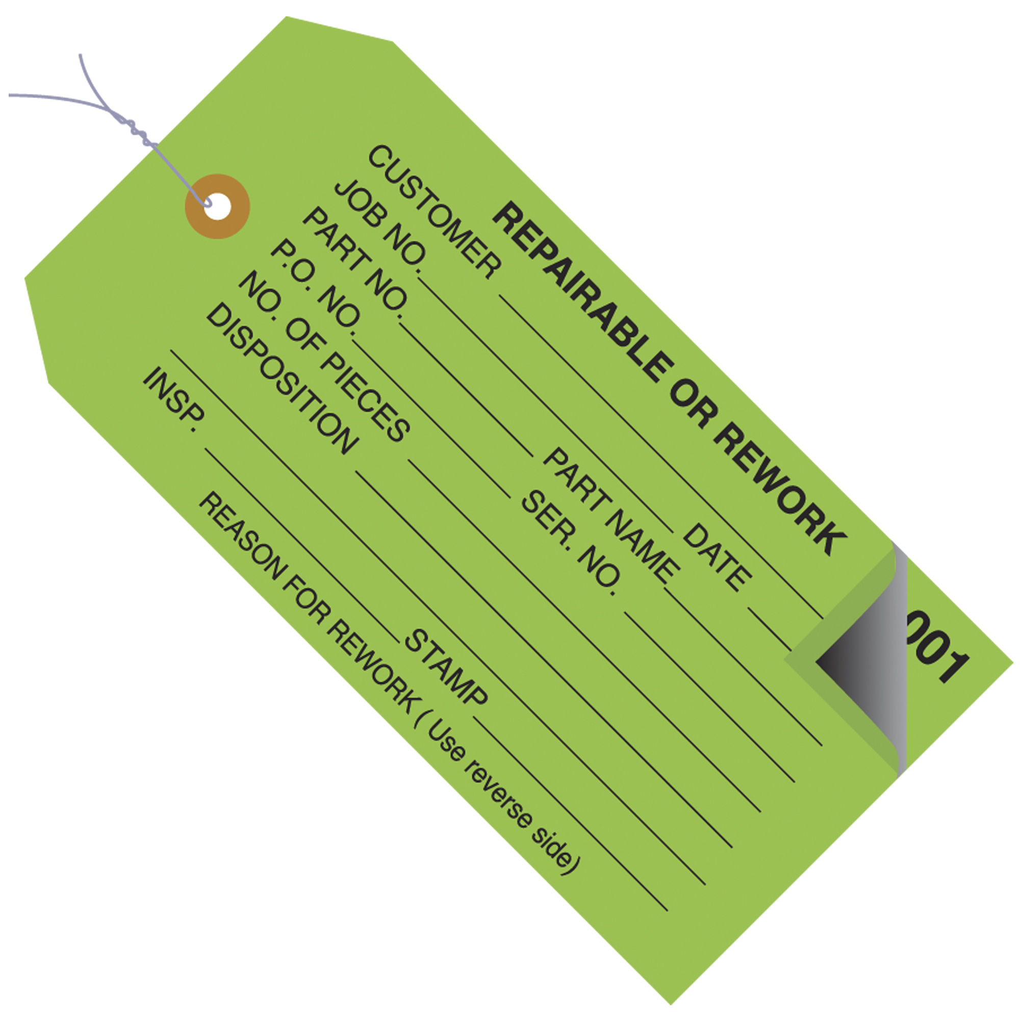 Inspection Tags, 2 Part, Numbered 001-499, Pre-Wired, "Repairable or Rework", 4 3/4" x 2 3/8", Green, 500/Case