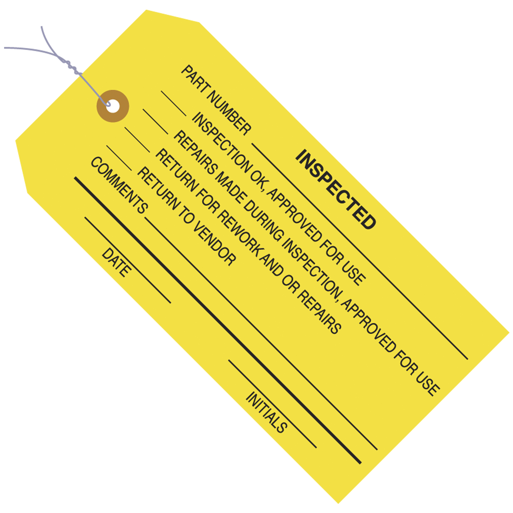 Inspection Tags, Pre-Wired, "Inspected", 4 3/4" x 2 3/8", Yellow, 1000/Case