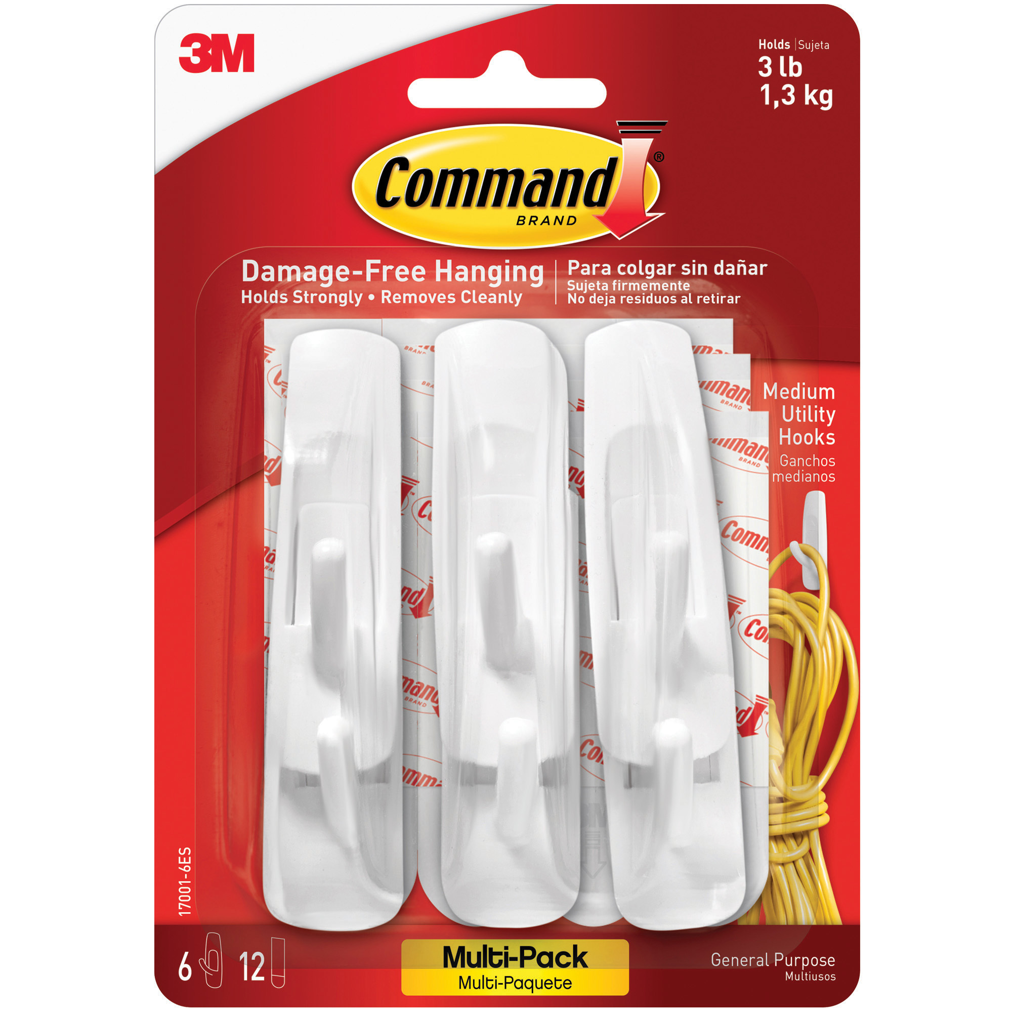 3M™ 17001 Command™ Value Pack, Medium, White, 6 Hooks and 12 Strips, 6/Packs per Case