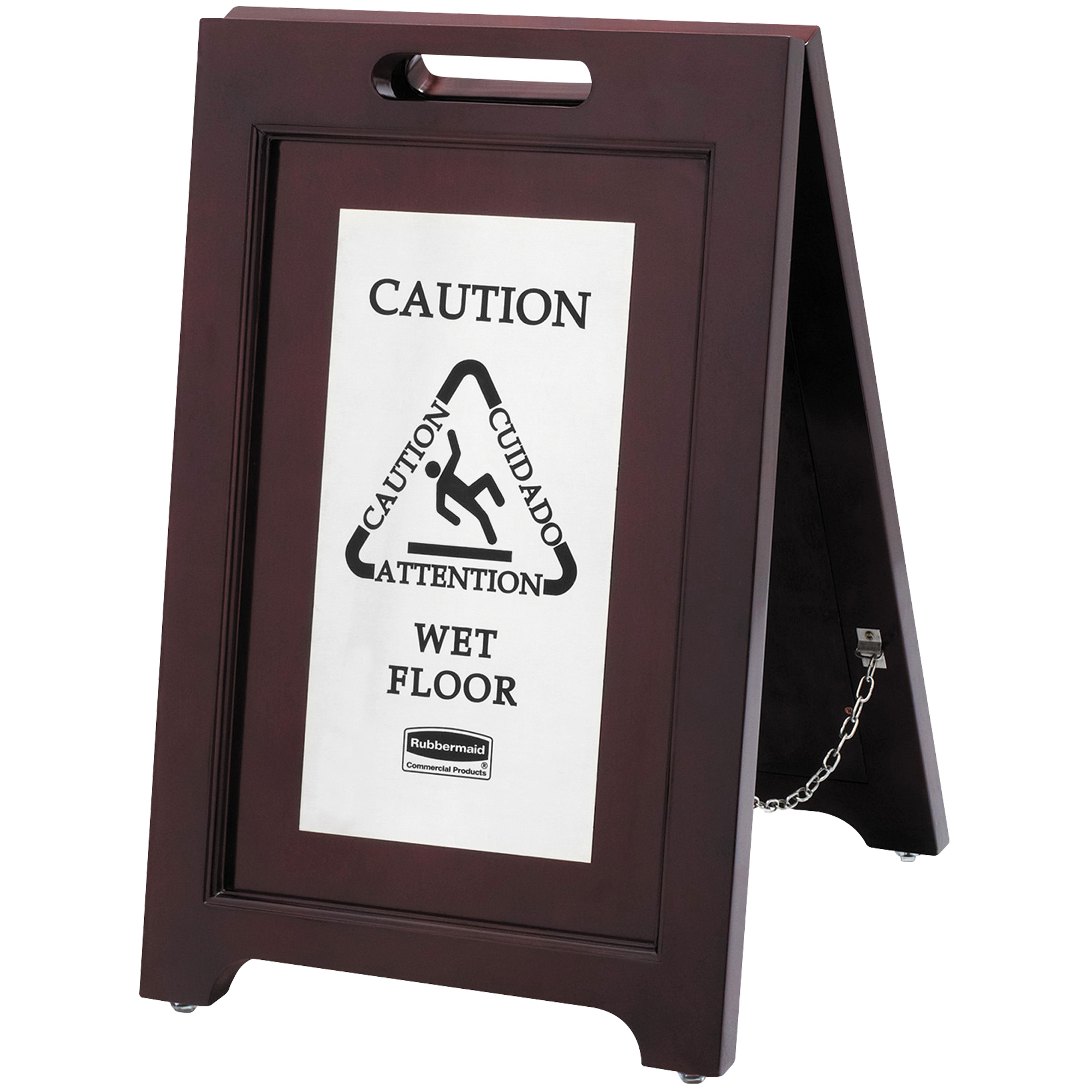 Wooden Wet Floor Sign, 2-Sided Multi-Lingual Stand, 15" x 24", Brown, 1/Each
