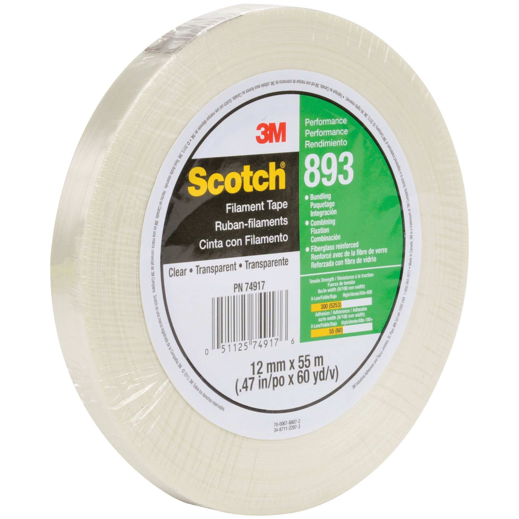 3M™ 893 Strapping Tape, 6.0 Mil, 1/2" x 60 yds., Clear, 72/Case
