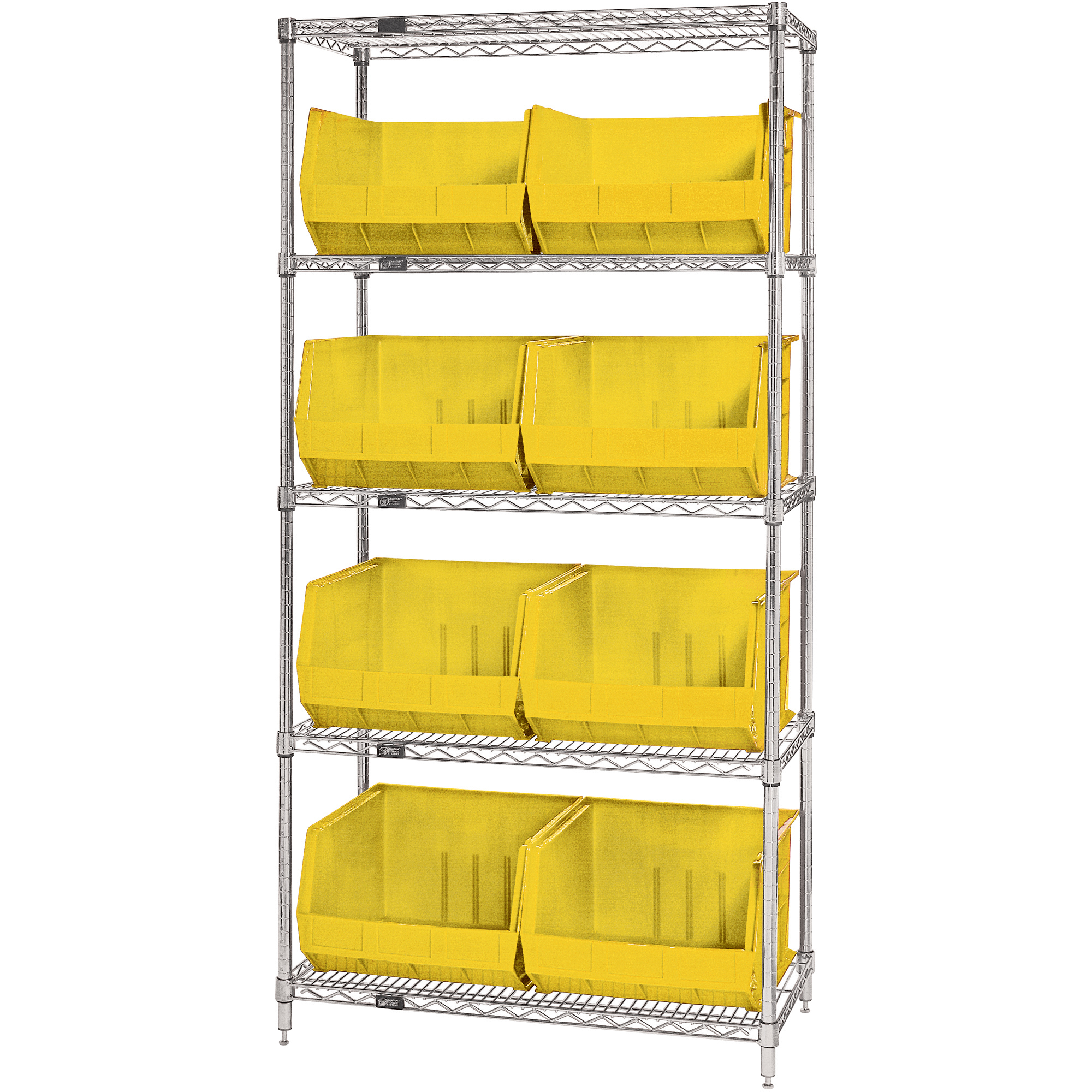 Wire Shelving Unit with (8) Bins, 5 Shelf, 36" x 18" x 74", Yellow, 1/Each