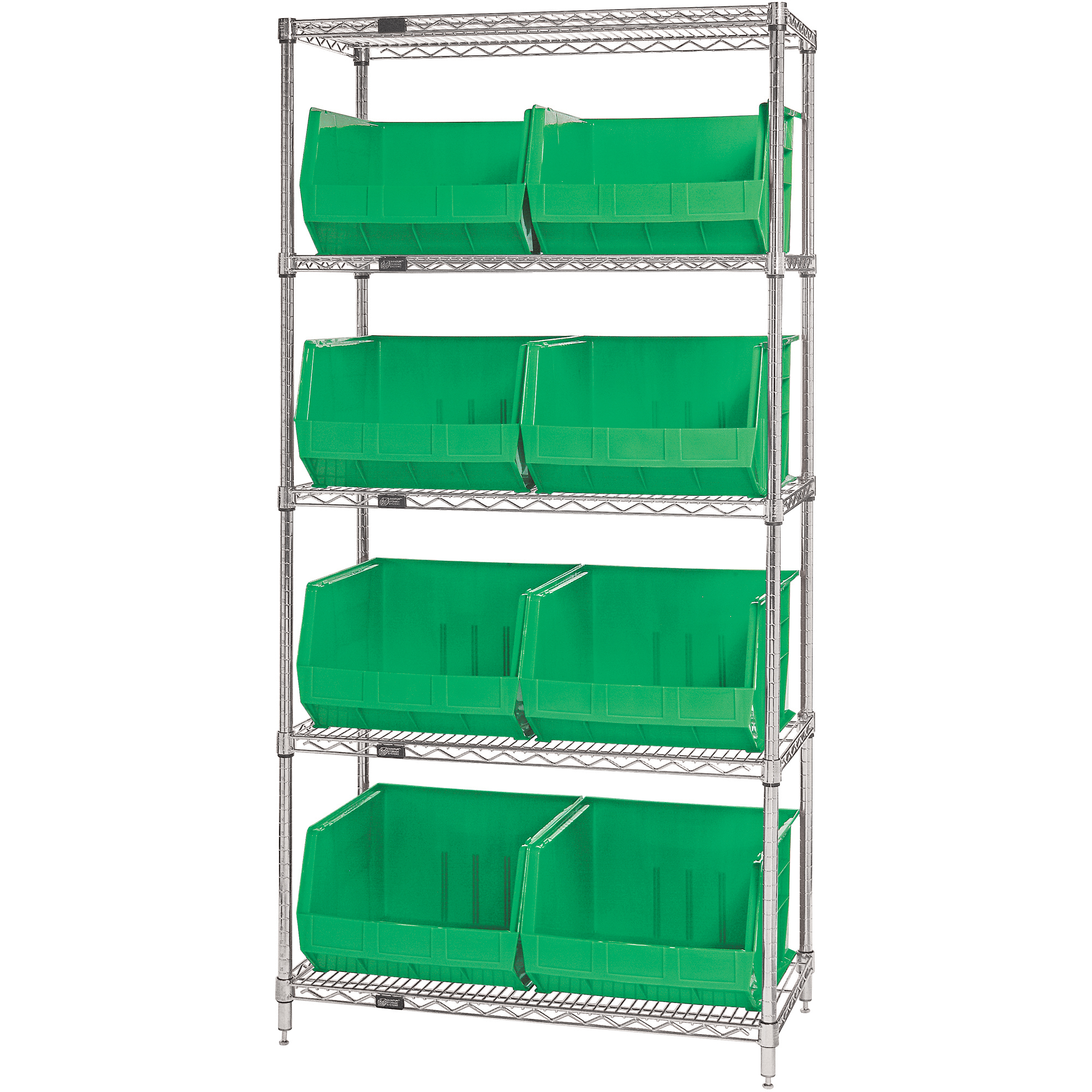 Wire Shelving Unit with (8) Bins, 5 Shelf, 36" x 18" x 74", Green, 1/Each