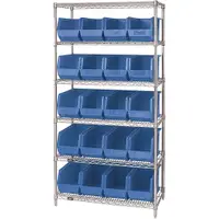 Wire Shelving Unit with (20) Bins, 6 Shelf, 36" x 18" x 74", Blue, 1/Each