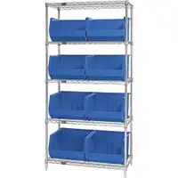 Wire Shelving Unit with (8) Bins, 5 Shelf, 36" x 18" x 74", Blue, 1/Each