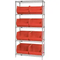 Wire Shelving Unit with (8) Bins, 5 Shelf, 36" x 18" x 74", Red, 1/Each