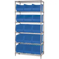 Wire Shelving Unit with (15) Bins, 6 Shelf, 36" x 18" x 74", Blue, 1/Each