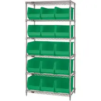 Wire Shelving Unit with (15) Bins, 6 Shelf, 36" x 18" x 74", Green, 1/Each