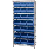 Wire Shelving Unit with (21) Bins, 8 Shelf, 36" x 18" x 74", Blue, 1/Each