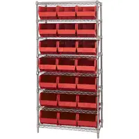 Wire Shelving Unit with (21) Bins, 8 Shelf, 36" x 18" x 74", Red, 1/Each