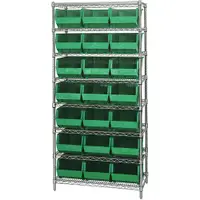 Wire Shelving Unit with (21) Bins, 8 Shelf, 36" x 18" x 74", Green, 1/Each