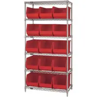 Wire Shelving Unit with (15) Bins, 6 Shelf, 36" x 18" x 74", Red, 1/Each