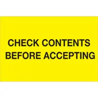 Tape Logic® Labels, "Check Contents Before Accepting", 4" x 6", Fluorescent Yellow, 500/Roll