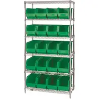 Wire Shelving Unit with (20) Bins, 6 Shelf, 36" x 18" x 74", Green, 1/Each