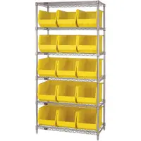 Wire Shelving Unit with (15) Bins, 6 Shelf, 36" x 18" x 74", Yellow, 1/Each