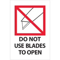 Tape Logic® Labels, "Do Not Use Blades to Open", 4 x 6", Red/White/Black, 500/Roll