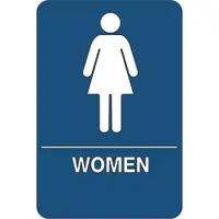 "Women Restroom" ADA Compliant Plastic Sign, 9" x 6", Blue/White, 1/Each